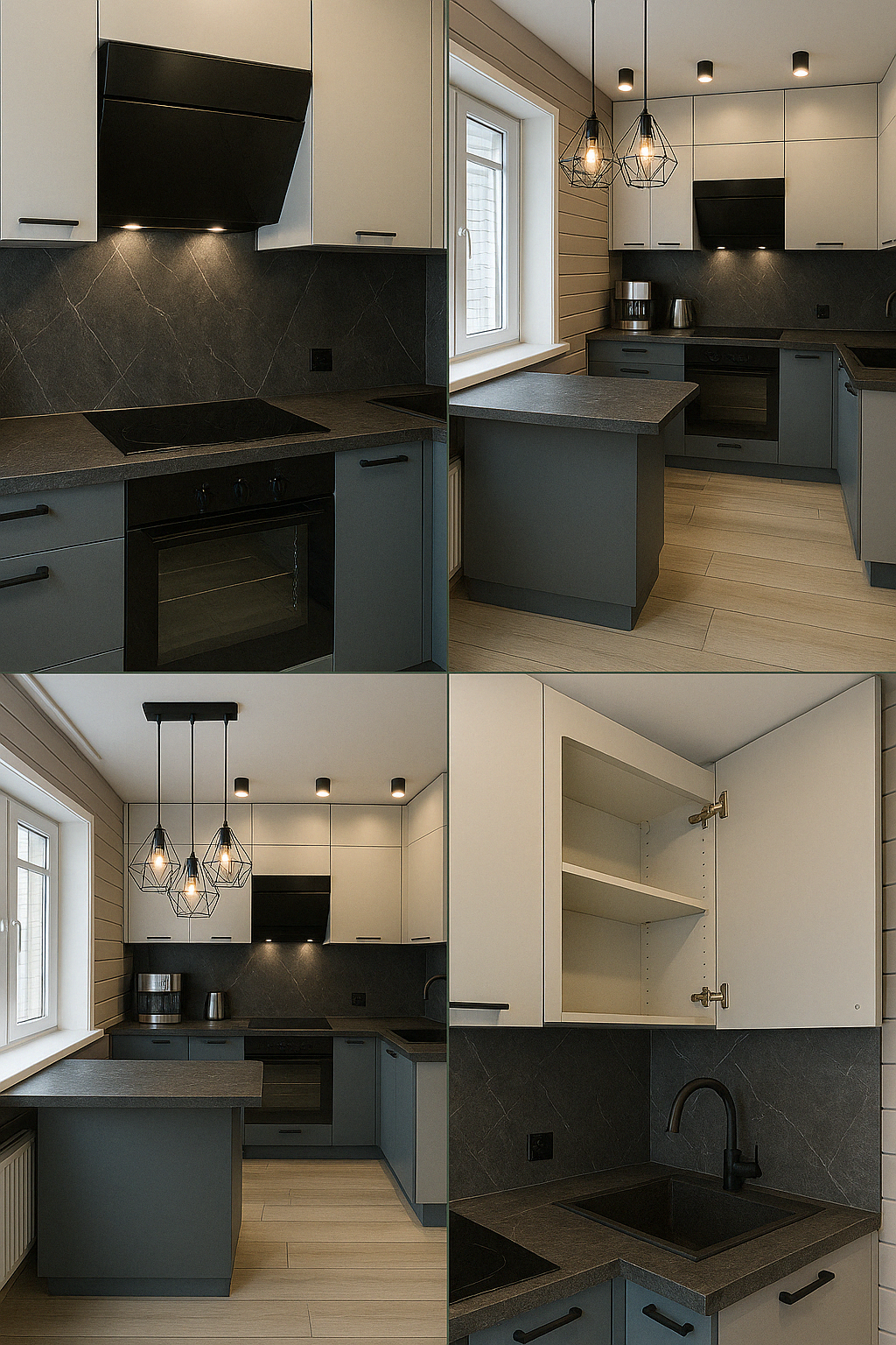 Кухня угловая с островом современная — Серый и кремовый